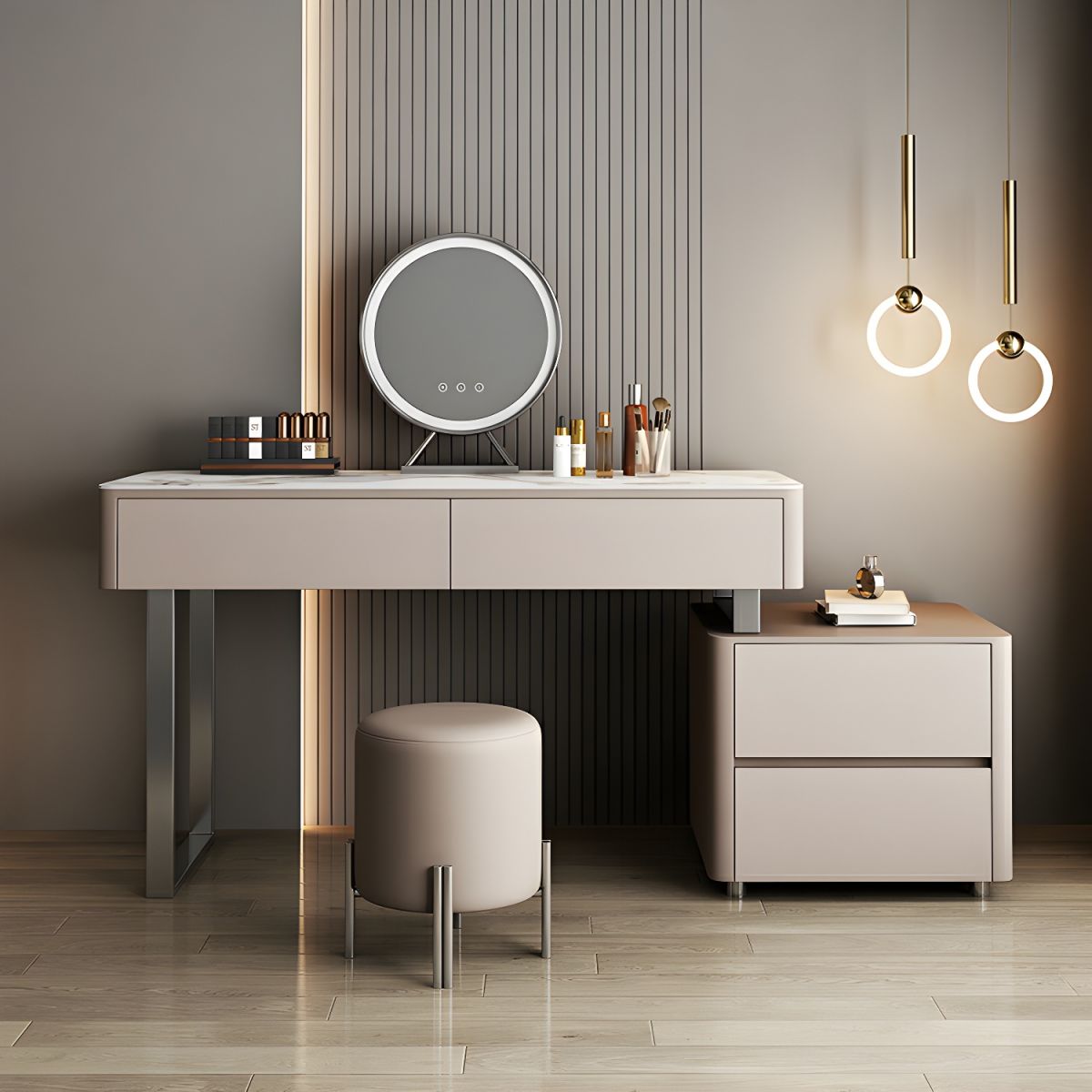 Modern Makeup Vanity with Stone Top & Upholstered Stool | Elegant ...