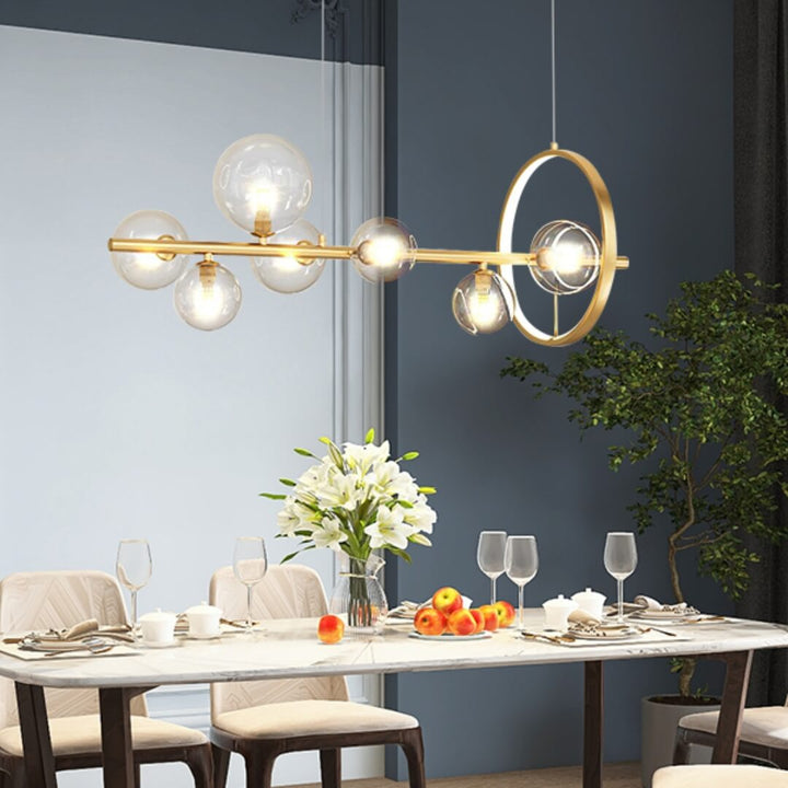 Elegant CHROMA ceiling and bench top light fixture installed above a dining table – modern lighting enhancing dining ambiance