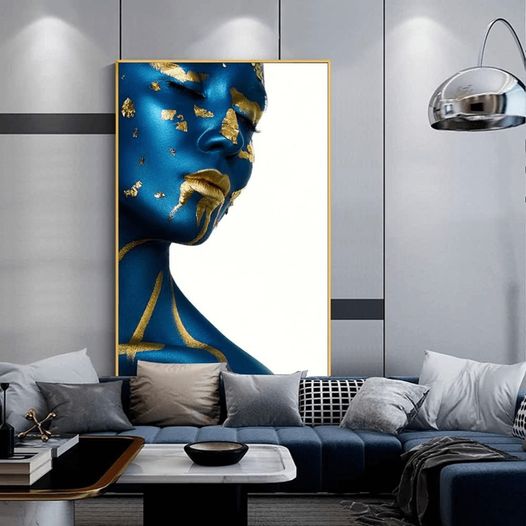Modern Woman Blue Golden Portrait Canvas Painting