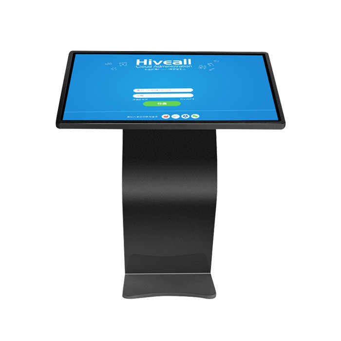 Front view of 43-inch touch screen kiosk featuring Windows OS and Intel i5 processor – sleek interactive display.