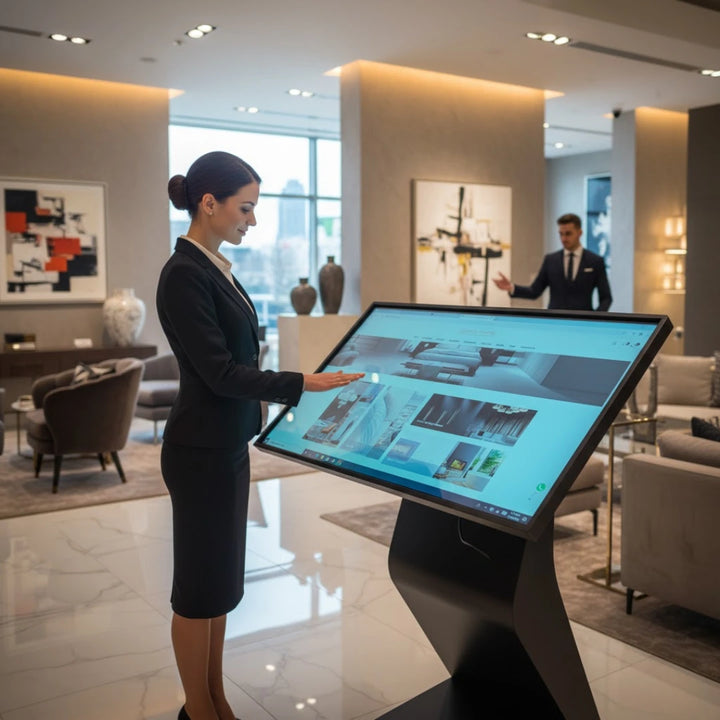 43-inch black Windows i5 touch screen kiosk with 4K display in luxury showroom