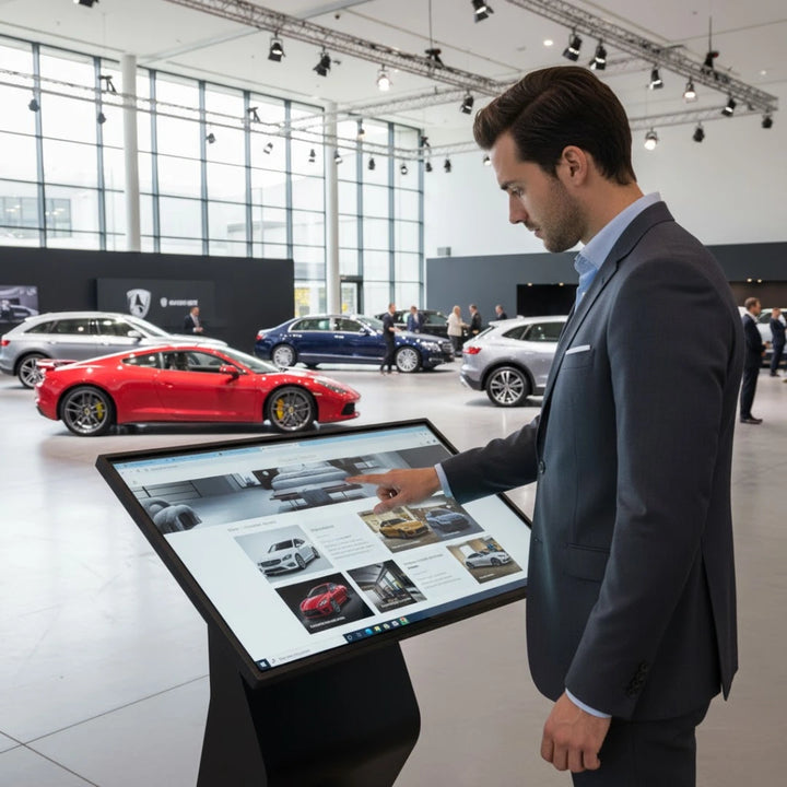 43-inch black Windows i5 touch screen kiosk in car showroom with 4K display and multi-touch