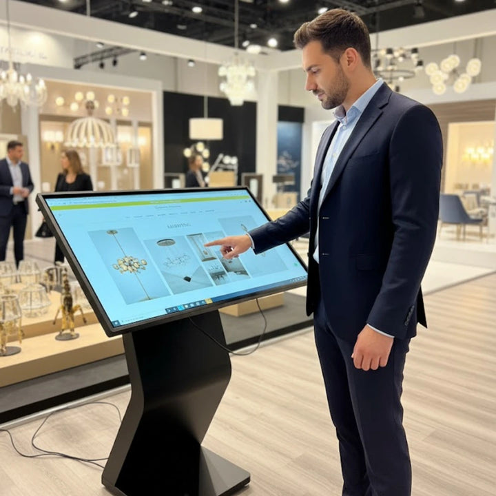 43-inch black Windows i5 touch screen kiosk in luxury showroom with 4K UHD display