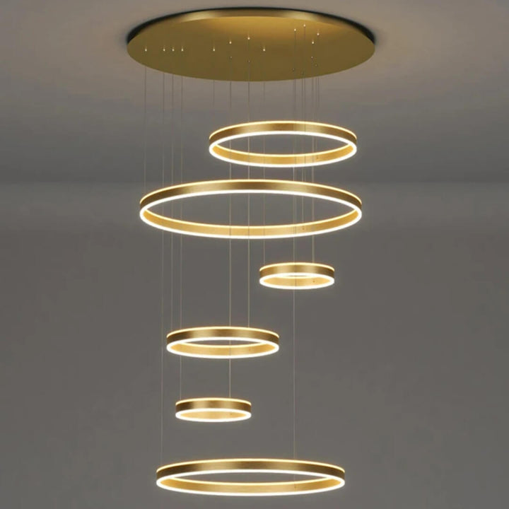 Front view of 6-ring vivid LED lights turned on chandelier, modern stylish ceiling lighting fixture