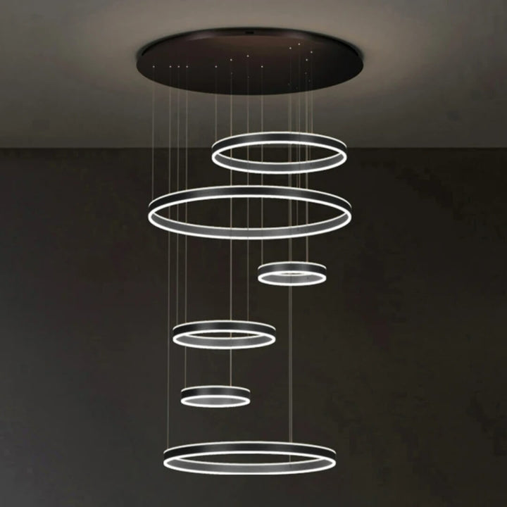 6-ring vivid LED lights chandelier showcasing sleek design, perfect for modern home lighting decor