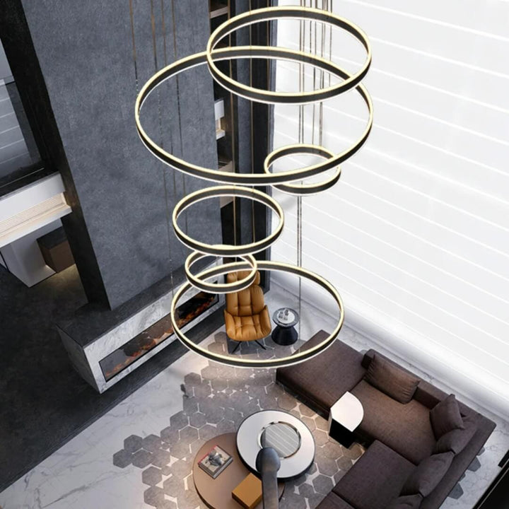 From top view of 6-ring vivid LED lights chandelier, modern ceiling fixture with elegant design