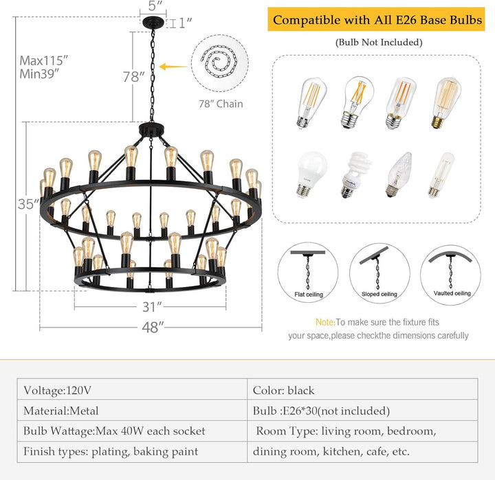 Farmhouse Wagon Wheel Chandelier 30-Lights