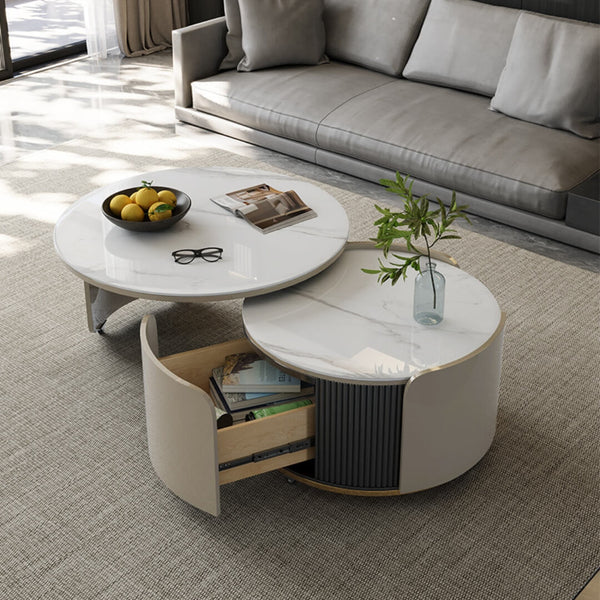 A3005 round retractable coffee table in living room setting featuring modern design and space-saving functionality