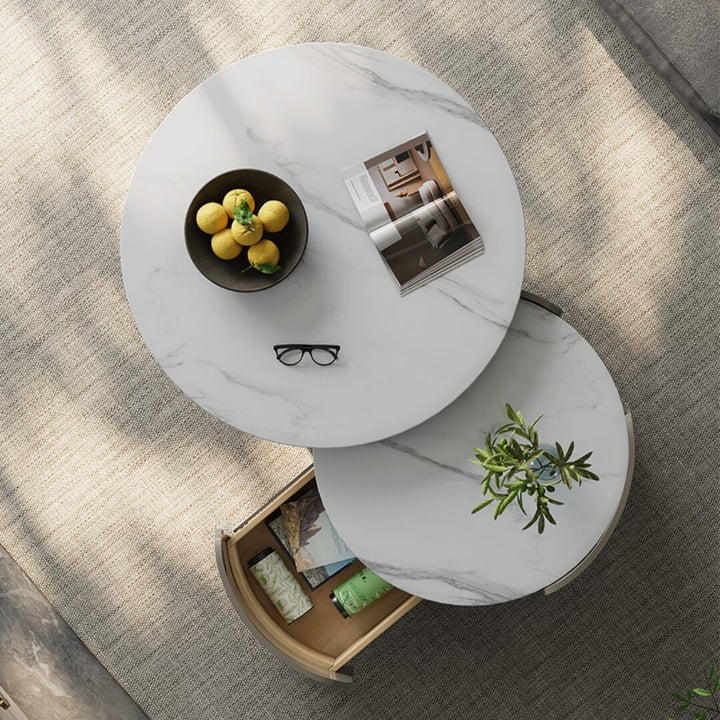 Top view of A3005 round retractable coffee table showcasing smooth surface and modern space-saving design in living room