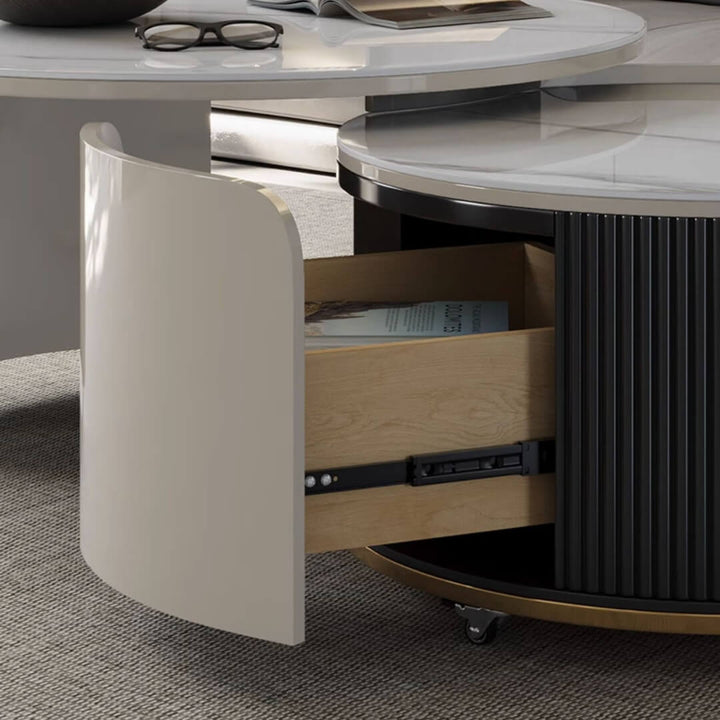 A3005 round retractable coffee table with open drawer revealing hidden storage, ideal for modern and functional living rooms