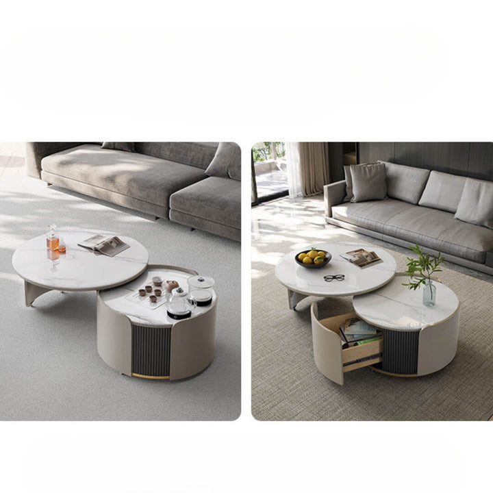A3005 round retractable coffee table styled in a contemporary living room, blending functionality with modern interior design