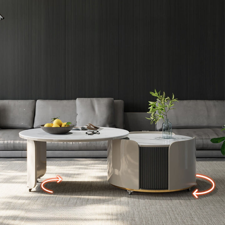 A3005 round retractable coffee table featuring 360-degree rotating system for flexible storage and multifunctional use in modern living rooms