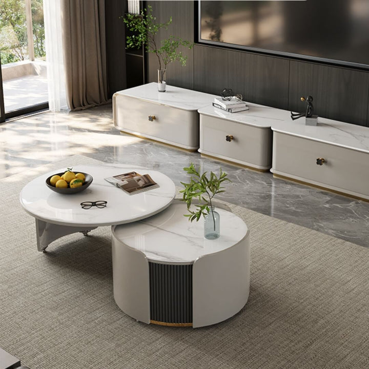 Angled view of A3005 round retractable coffee table showcasing layered design, sleek finish, and modern functionality for living rooms