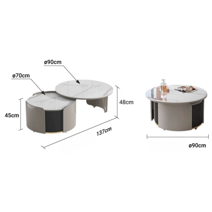 Dimension diagram of A3005 round retractable coffee table showing measurements and space-efficient design for modern living rooms