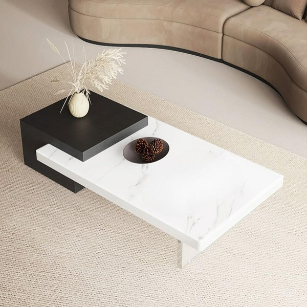 Acrylic coffee table with sintered stone top, front angle view