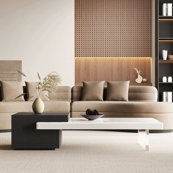 Acrylic coffee table with sintered stone top, close-up side view