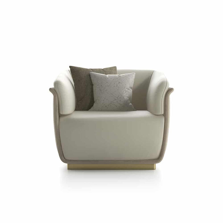 Front side view of Allure Sofa Poltrona Set, featuring modern design and luxurious upholstered seating