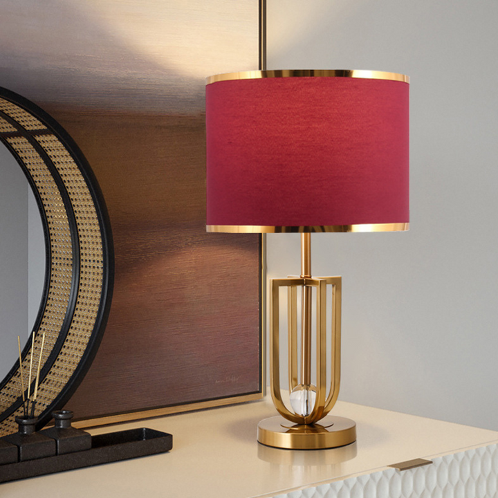 Amanda metal-based modern table lamp on wooden table in contemporary room