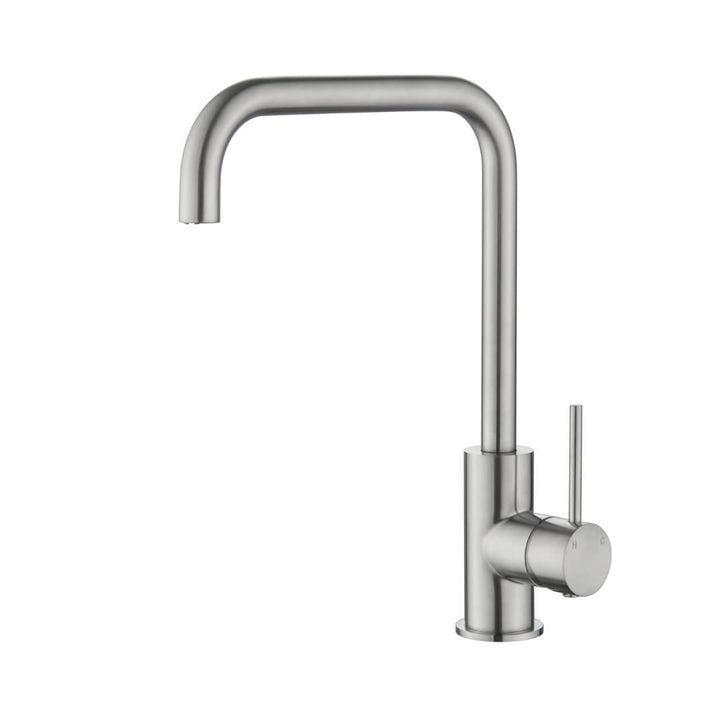 Ariell round brushed chrome kitchen mixer with modern design