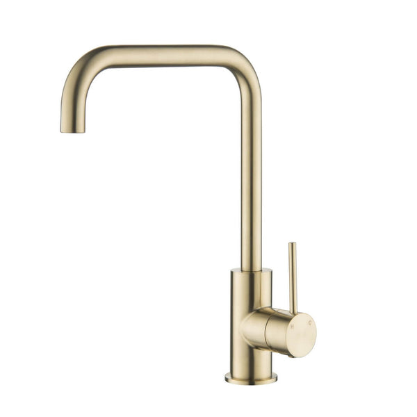 Ariell round kitchen mixer in brushed gold finish, featuring sleek modern design and ergonomic handle for contemporary kitchens