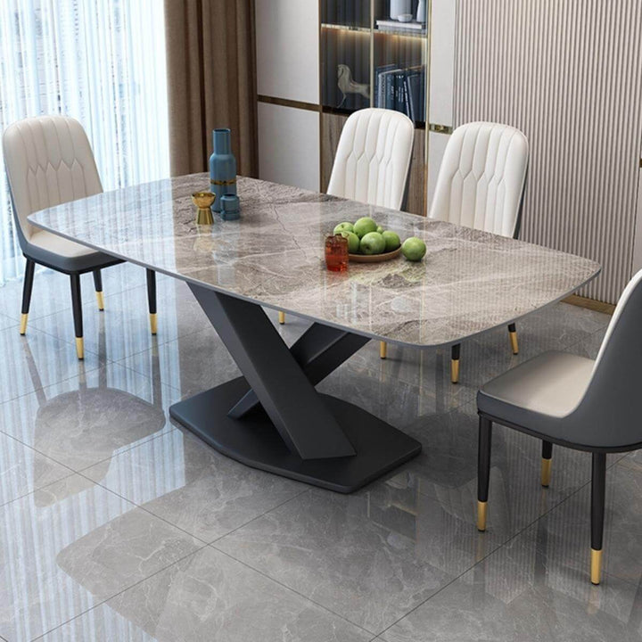 Angle view of Artiss dining table with marble top and X-base in elegant Australian interior