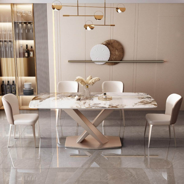 Angle view of Artiss CZ26 dining table with marble top and X-base in elegant Australian interior