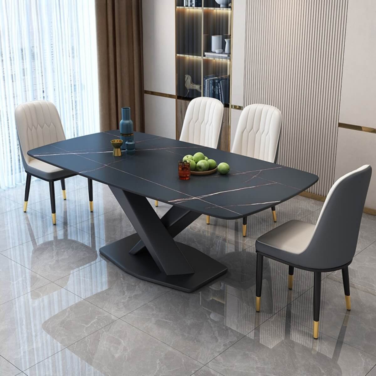 Side view of Artiss dining table with marble top and X-base in elegant Australian interior design