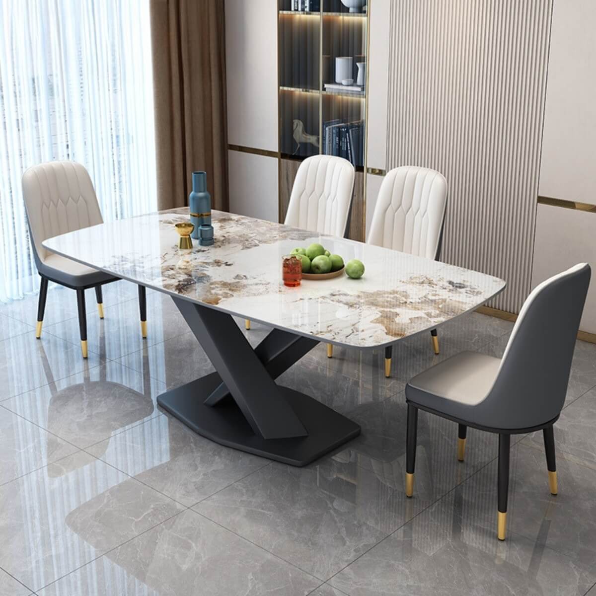 Top side view of Artiss dining table with marble surface and X-base in elegant Australian interior