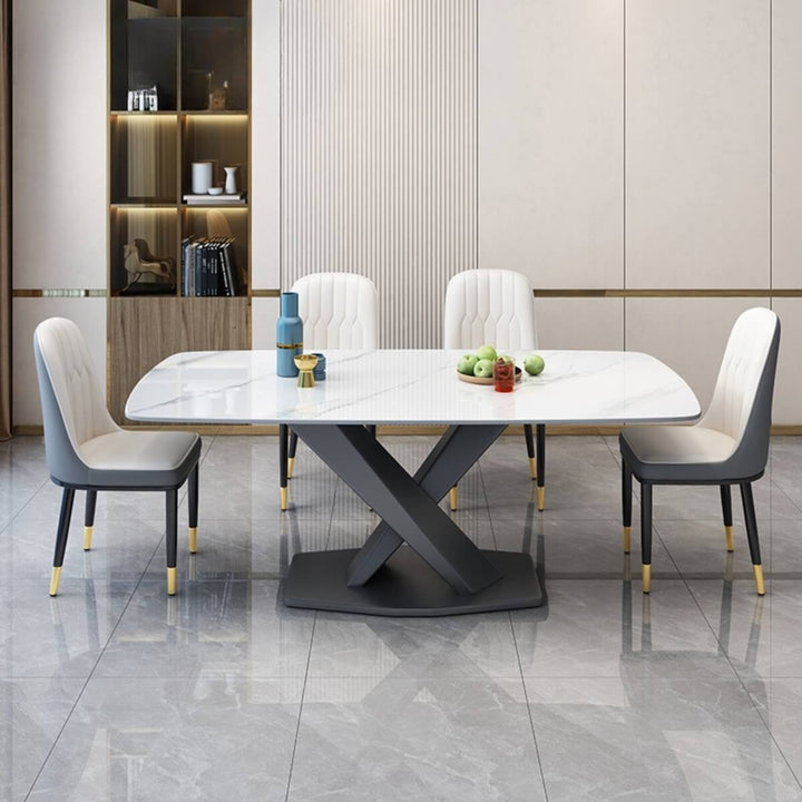 Front detail view of Artiss dining table showcasing marble texture and X-base in elegant interior