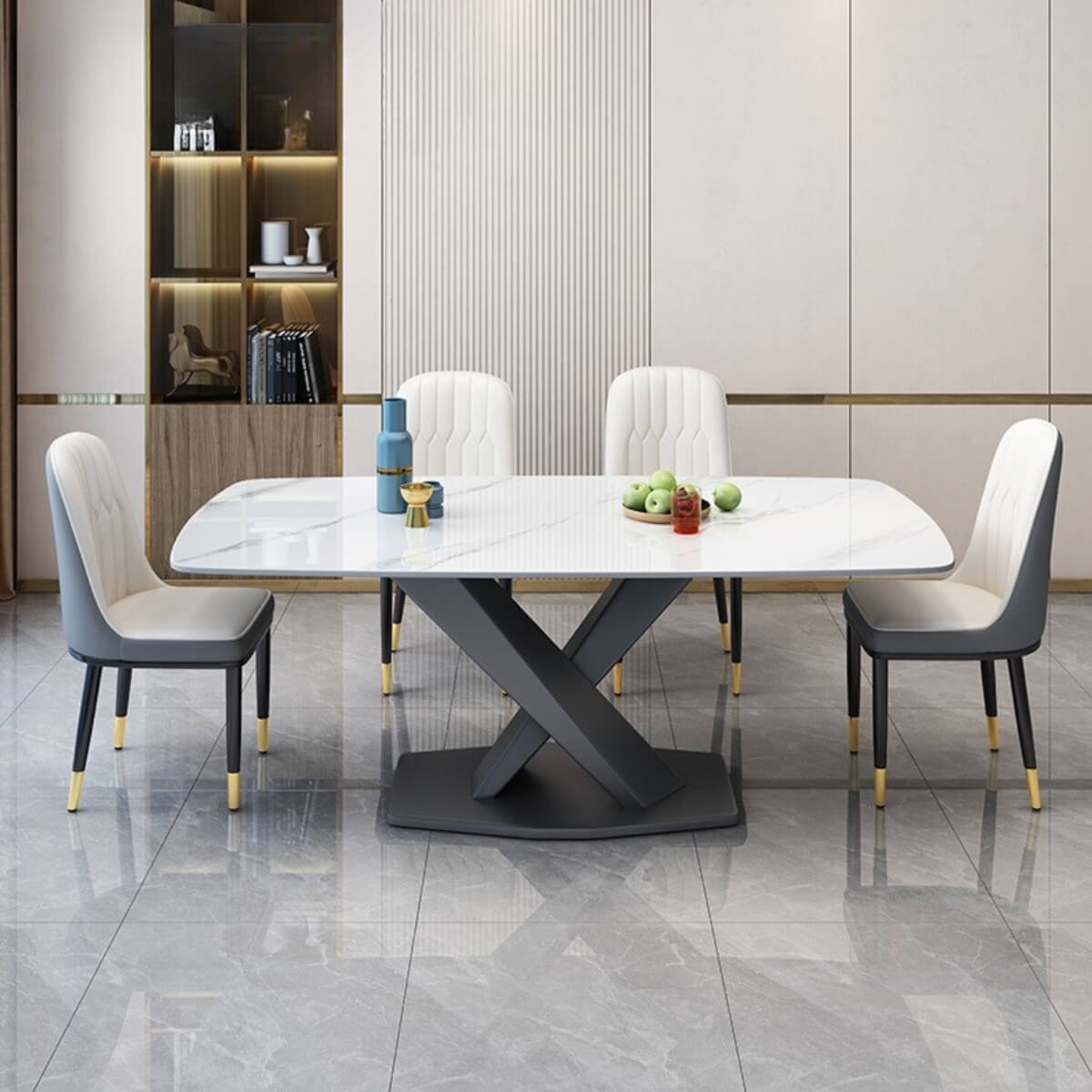 Front detail view of Artiss dining table showcasing marble texture and X-base in elegant interior