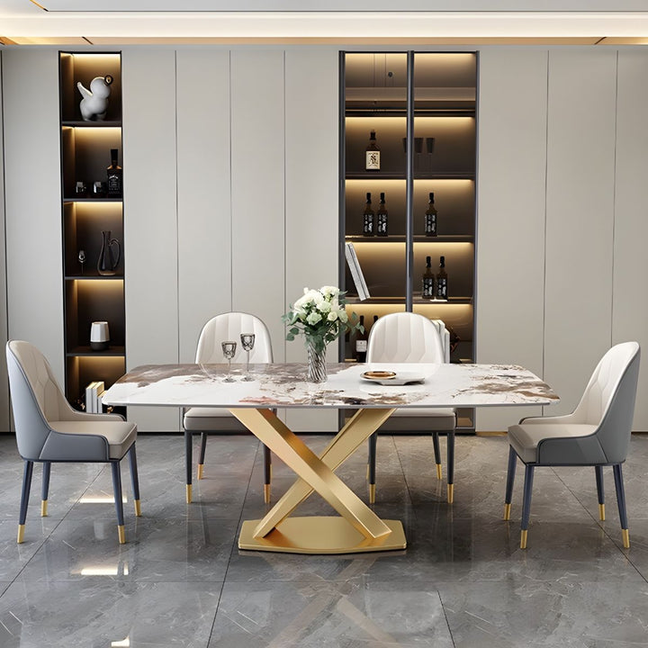 Front view of Artiss dining table in elegant dining room with marble top and modern X-base design