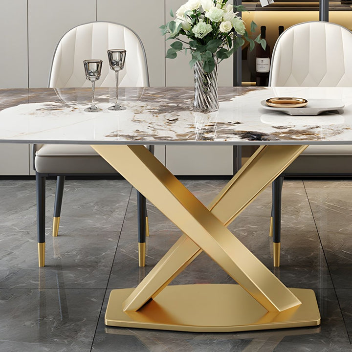 Detail view of X-base on Artiss dining table highlighting sleek design in elegant interior