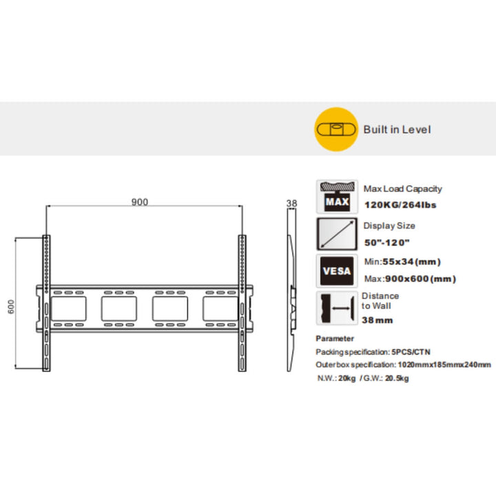 B92 TV mount compatible with 50 to 120 inch displays, built-in level, max load capacity 120kg, VESA support 900x600mm, sleek design for elegant interiors