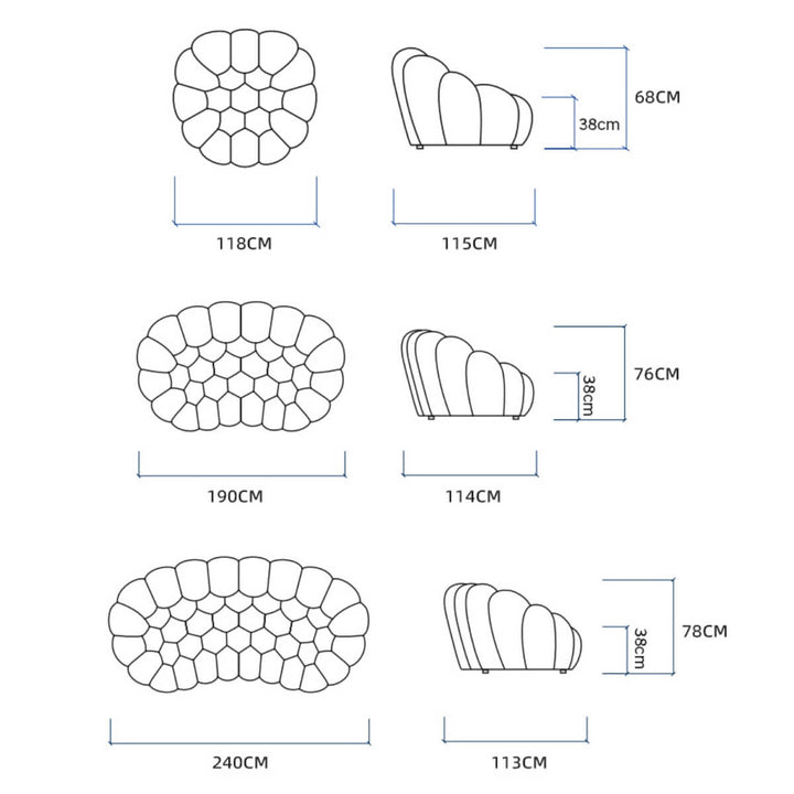 Dimensions of Bubble Sofa SF34 in Australia – size specifications of elegant rounded modern sofa