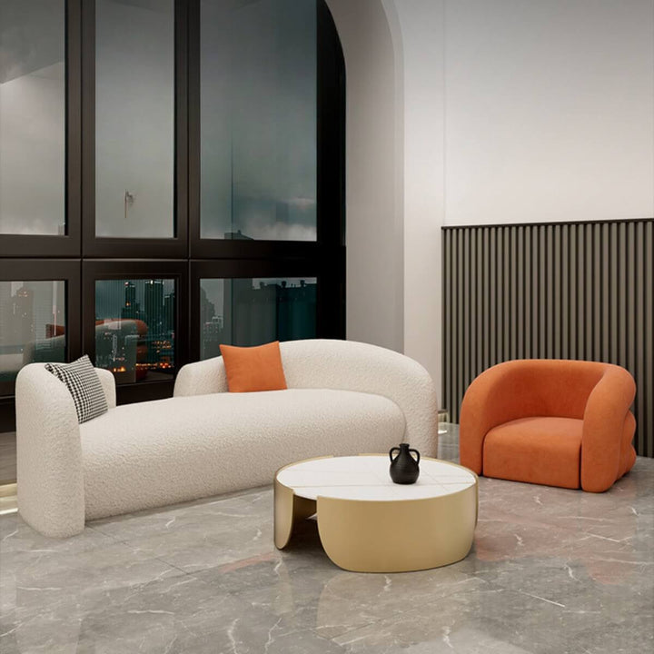 Angle side view of Caliber Teddy Lounge Chair showcasing cozy fabric and elegant interior style