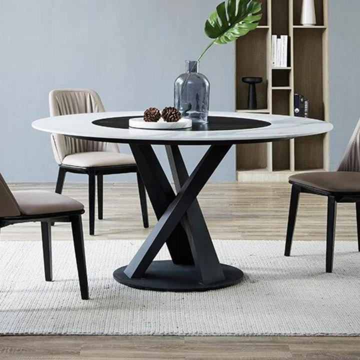 Front view of Charger rotatable dining table with sleek double-layer modern tabletop design