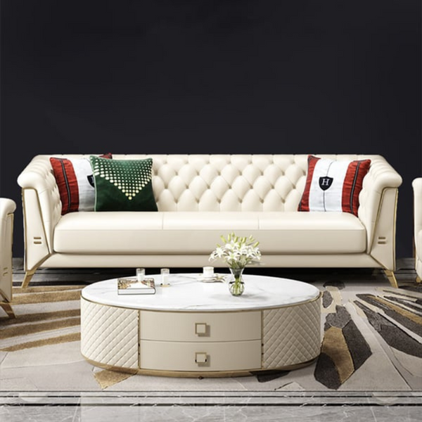 Classic Chesterfield tufted sofa with deep button detailing and rolled arms
