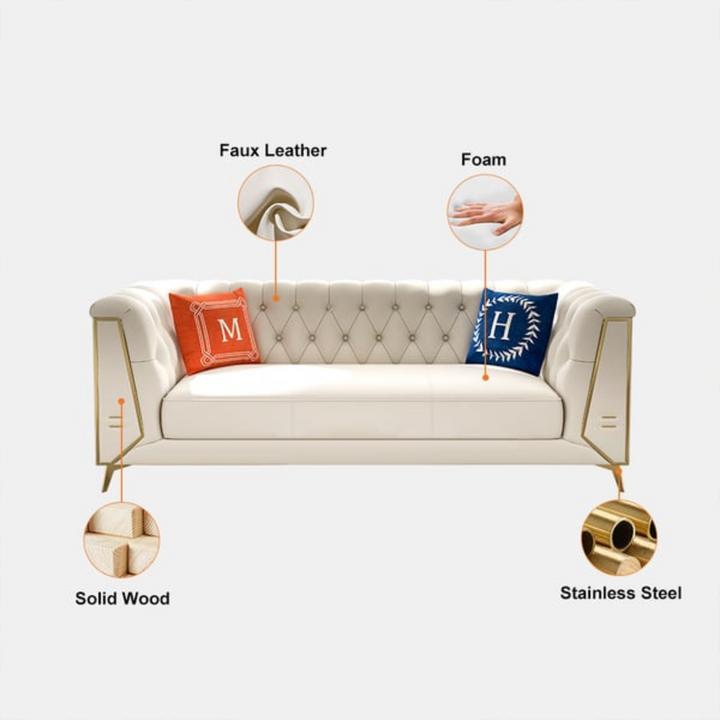 Chesterfield tufted sofa with durable faux leather upholstery, high-density foam cushions, solid wood frame, and stainless steel accents