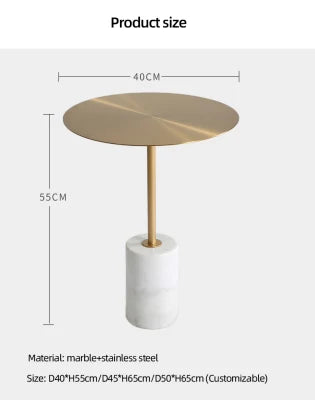 Small round marble coffee table for balcony or living room, customizable sizes with stainless steel legs, available in 40cm, 45cm, and 50cm diameters