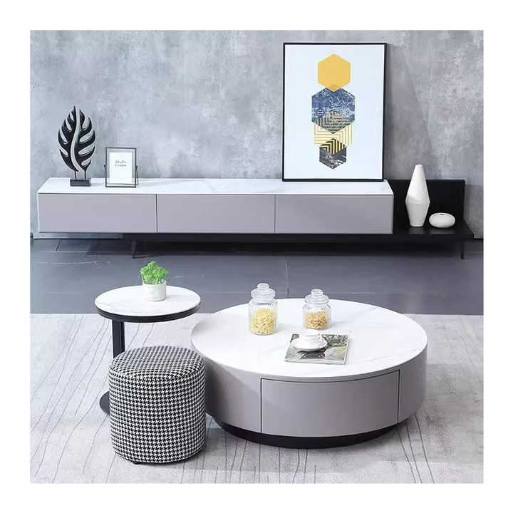 Cozy Nest round nesting coffee table set in elegant interior with modern and space-saving design