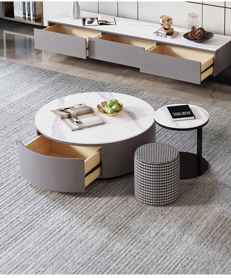 Cozy Nest round nesting coffee table set in elegant interior with modern and space-saving design