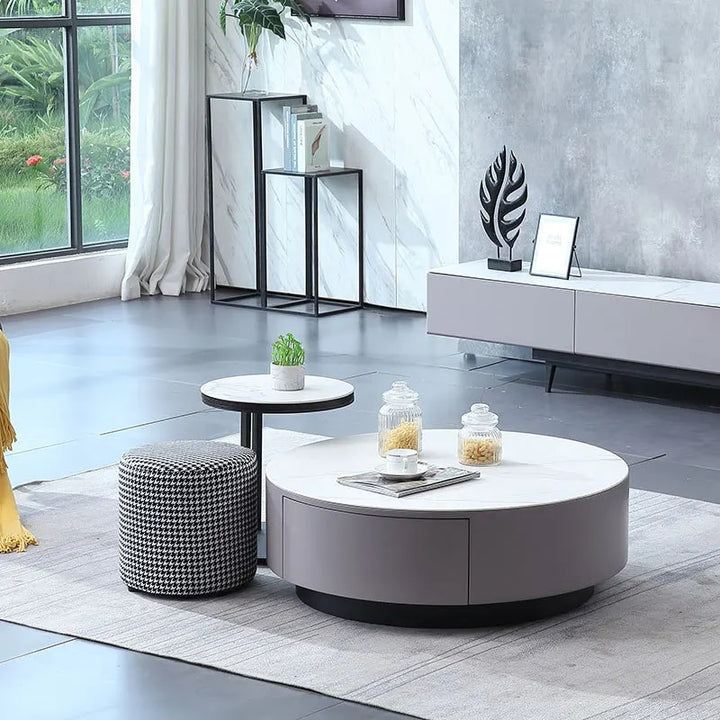 Cozy Nest round nesting coffee table set in elegant living room with modern interior design