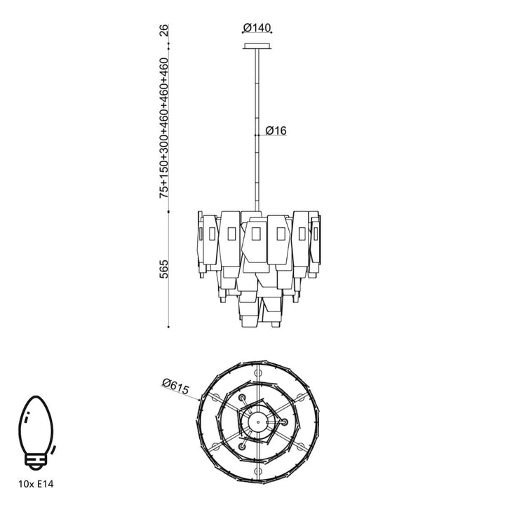 Technical diagram of dusk bronze chandelier by Elegant Interior – customized design with detailed measurements for installation.