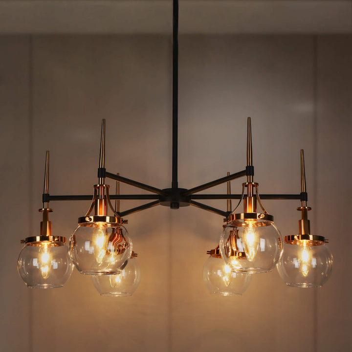 Closer view of ECLIPSE Loram 6-light chandelier highlighting circular light fixtures and modern design details