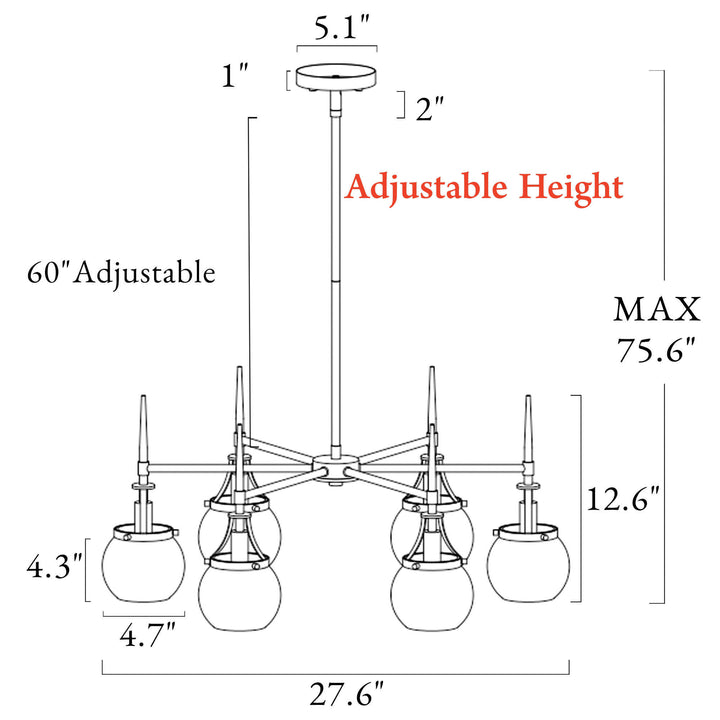 Technical diagram of ECLIPSE Loram 6-light chandelier showing dimensions and light arrangement in modern circular design