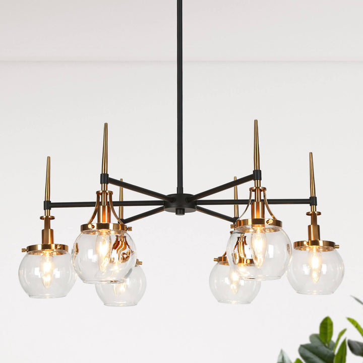 Closer view of ECLIPSE Loram 6-light chandelier highlighting circular light fixtures and modern design details