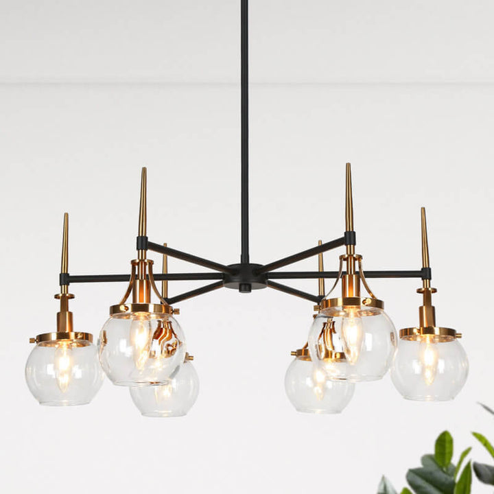 Closer view of ECLIPSE Loram 6-light chandelier highlighting circular light fixtures and modern design details