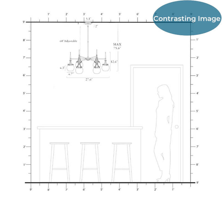Technical diagram of ECLIPSE Loram 6-light chandelier displaying dimensions and circular light layout in modern design