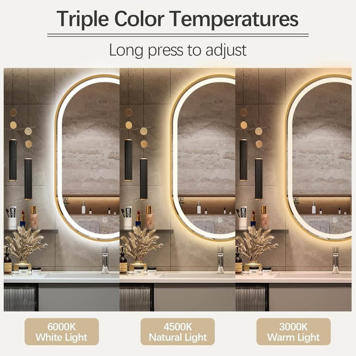 Oval LED mirror by Eclipse Home with triple color temperatures: white, natural, and warm light