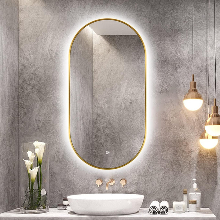 EO-5083 60cm oval LED mirror by Eclipse Home installed in washroom, modern illuminated bathroom mirror